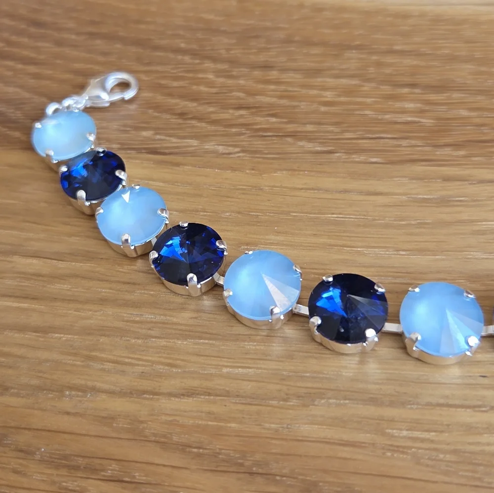 Silver Setting Bracelet, Blue Rivoli Crystals, Hand Crafted